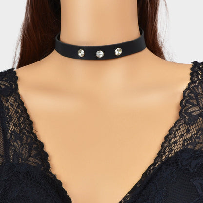 Punk Hip-hop Street Jewelry Black PU Leather Rhinestone Decor Collar Necklace-0