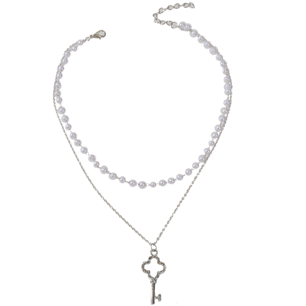 Perfect Wedding Engagement Gift Pearl Double Layer Chain Key Pendant Necklace-4