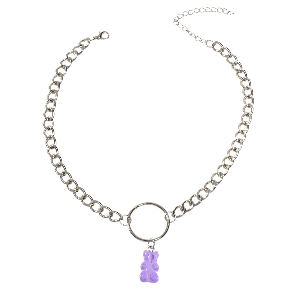 Lovely Jewellery Silver Chain Circle Purple Bear Pendant Necklace Accessories-4