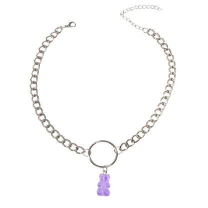 Lovely Jewellery Silver Chain Circle Purple Bear Pendant Necklace Accessories-4