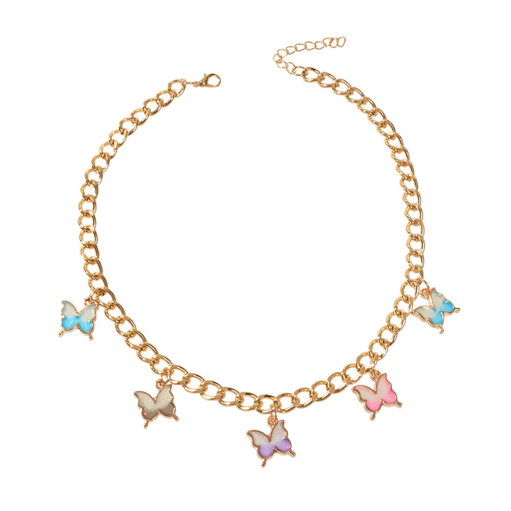 Hip Hop Colorful Enamel Bling Butterfly Charm Necklace Clavicle Chain Choker-4
