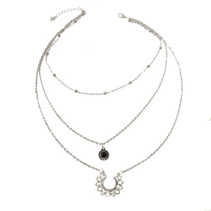 Tribal Ethnic Silver Multi-layer Chain Black Beads Geometric Pendant Necklace-1