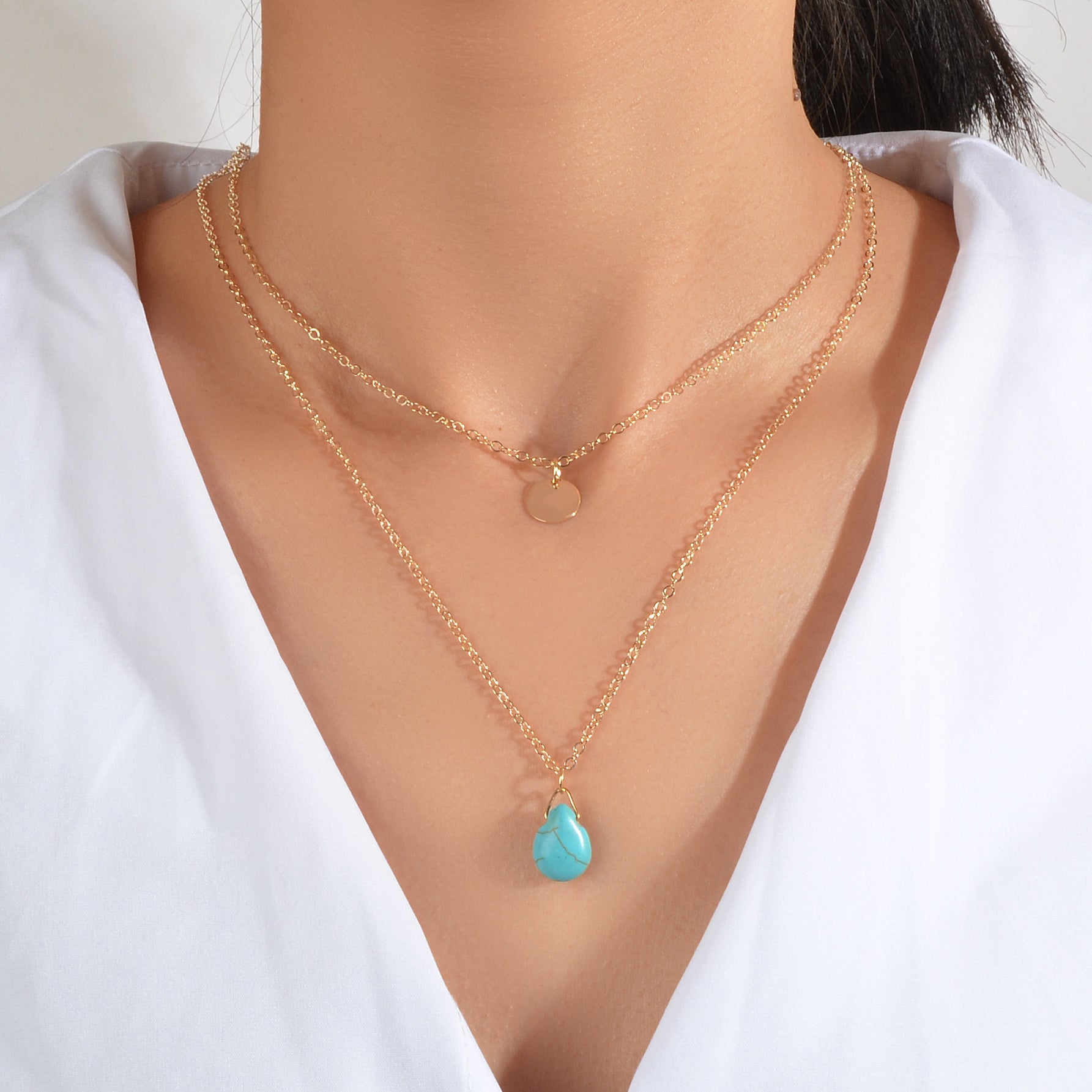 Traditional Ethnic Jewellery Double layer Chain Disc Turquoise Charm Necklace-0