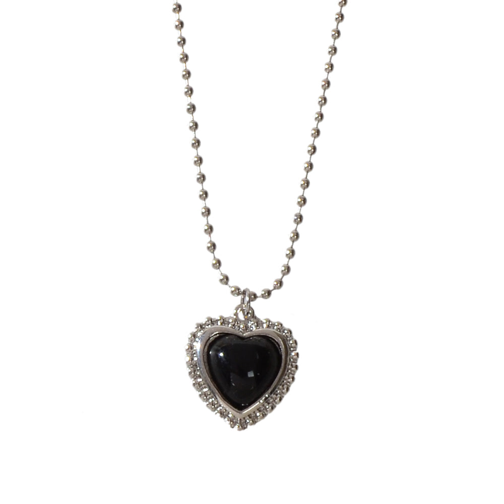 Silver Ball Chain Black Love Heart Pendant Necklace Textured Collar Jewellery-4