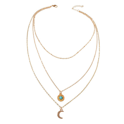 Gold Silver Multi-layer Chain Round Turquoise Moon Pendant Necklace Party Collar-2