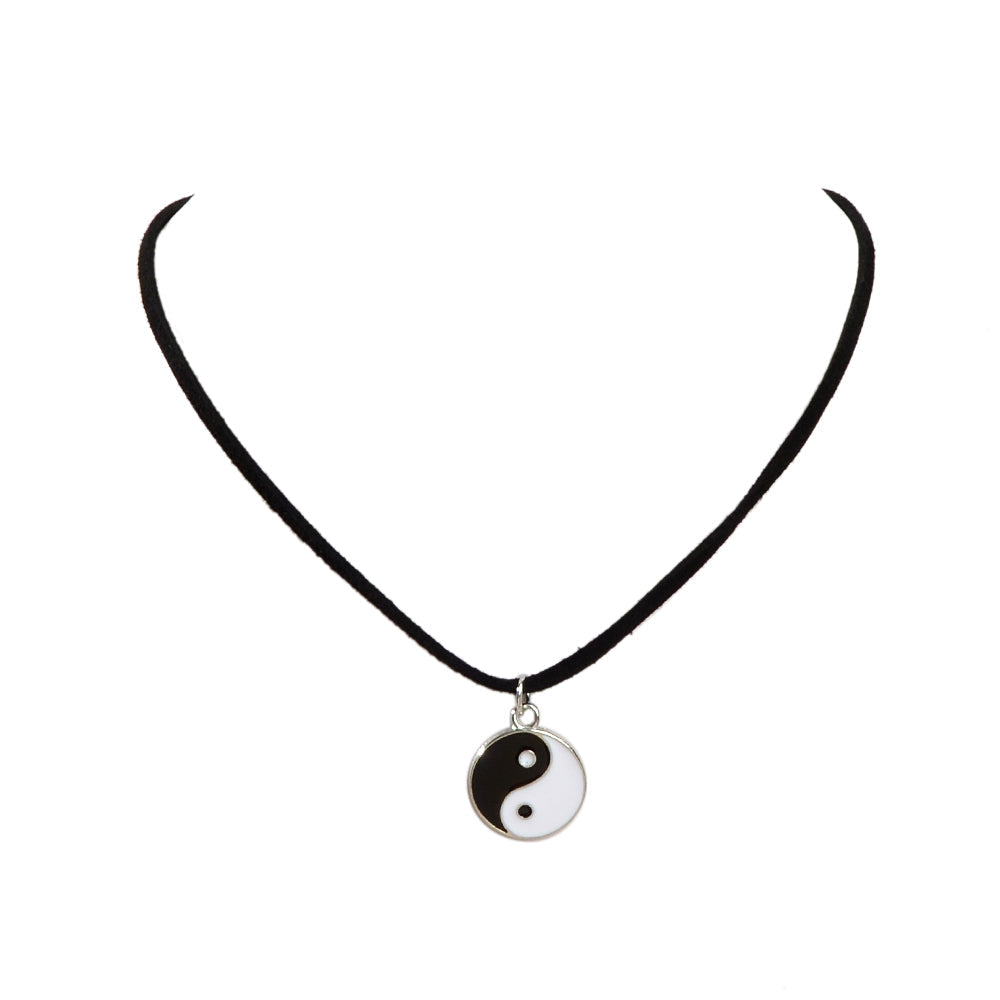Black Cord Enamel Yin Yang Tai Chi Round Pendant Necklace PU Leather Rope Collar-1