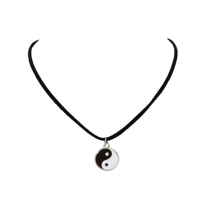 Black Cord Enamel Yin Yang Tai Chi Round Pendant Necklace PU Leather Rope Collar-1