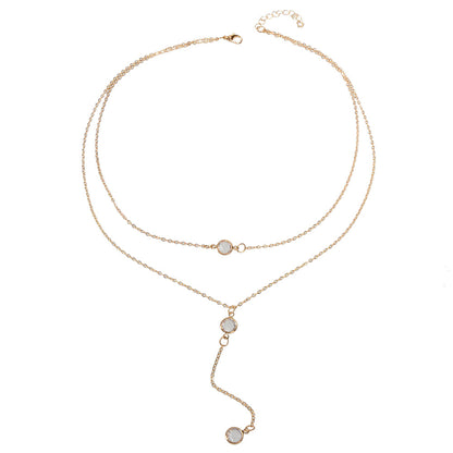Female Gold Silver Chain Double Layered Necklace Long Chain Dangle Y Necklace-3
