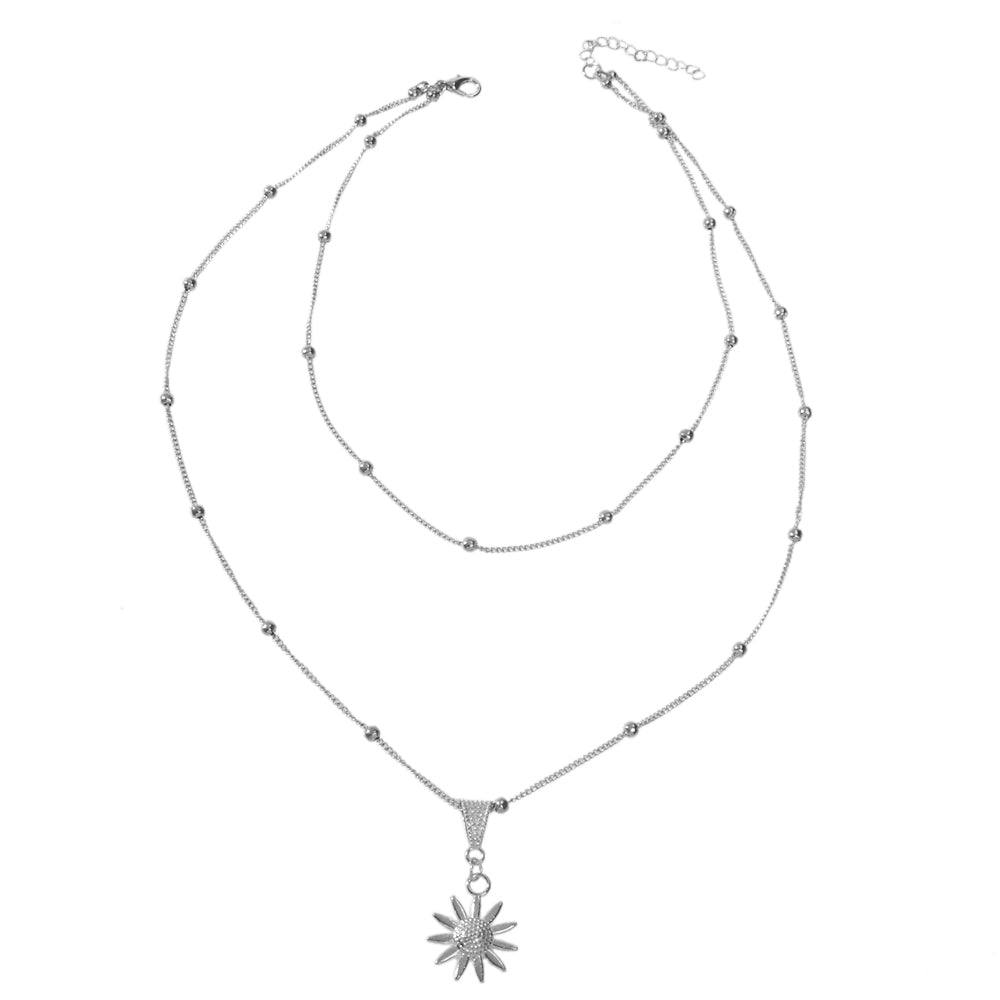 Unique Trendy Jewellery Double layer Gold Silver Chain Flower Collar Necklace-3