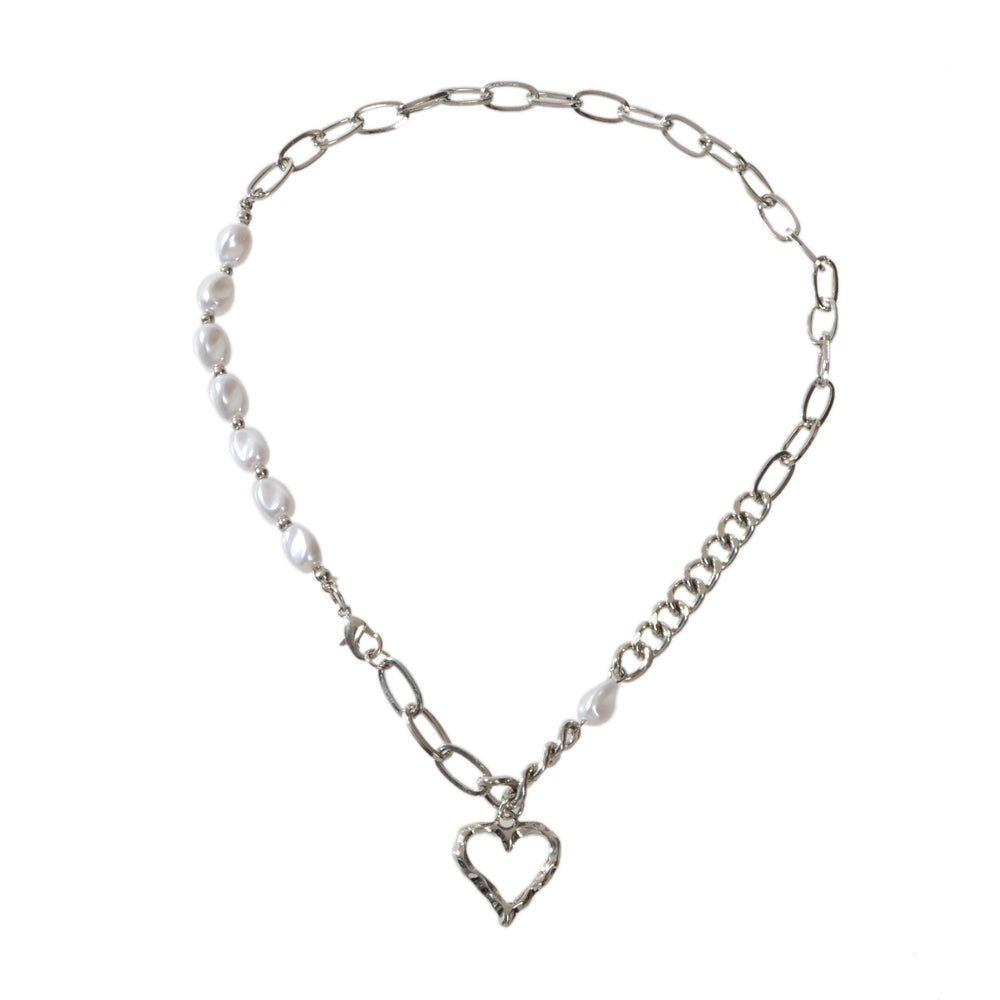 Party Decoration Retro Punk Silver Chain Pearl Heart Pendant Women Necklace Gift-3