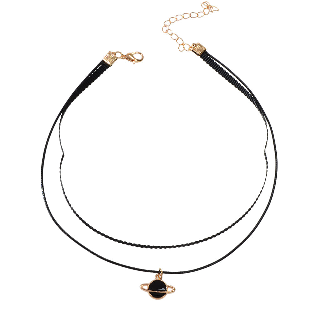 90s Gothic Planet Charm Black Rope Layered Necklace Tattoo Choker Grunge Collar-3