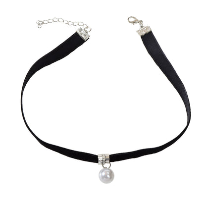 Black Velvet Pearl Decoration Charm Gothic 90s Tattoo Choker Punk Retro Necklace-3