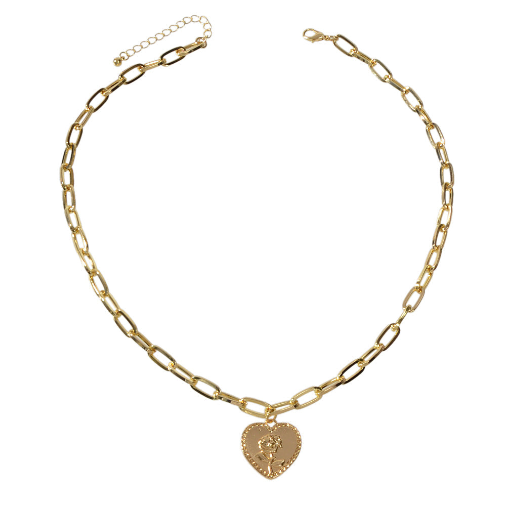 Unique Design Thick Gold Chain Flower Pattern Heart Statement Necklace for Women-4