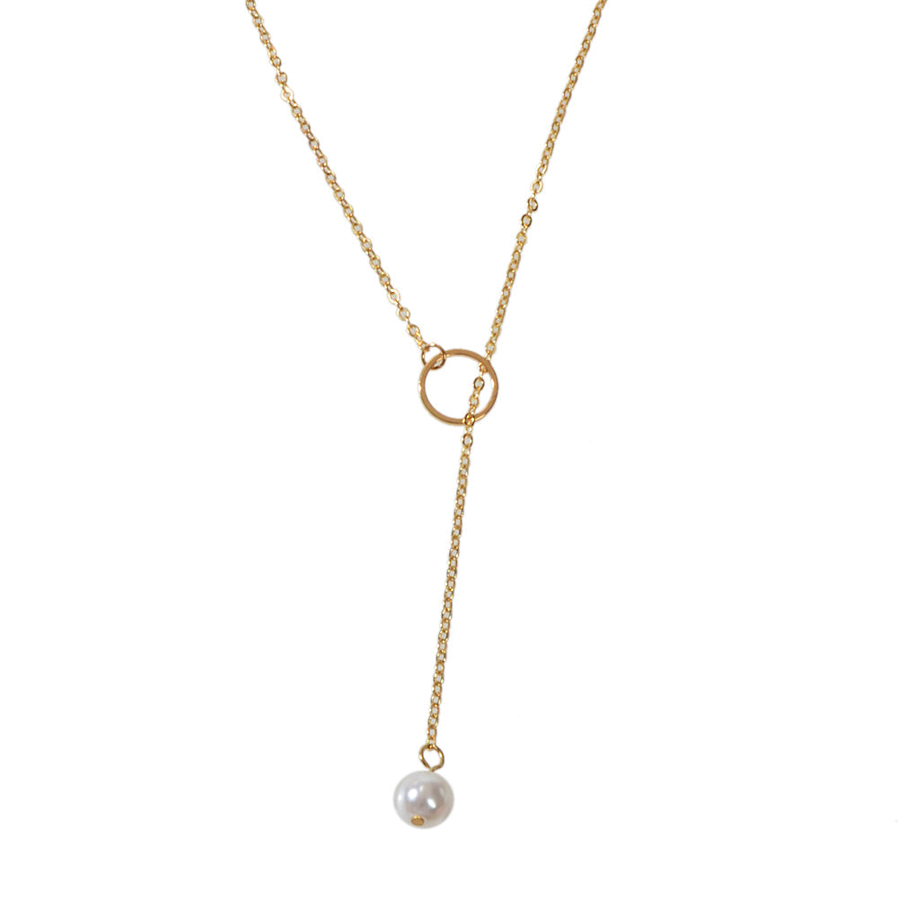 Fashion Gold Silver Chain Faux Pearl Decor Simple Lariat Necklace Women Jewelry-4