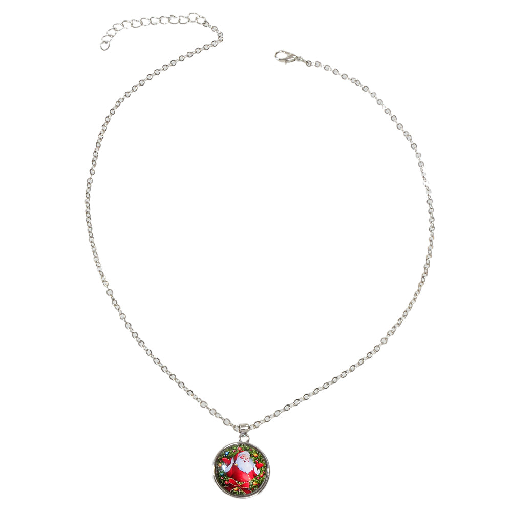 Silver Chain Santa Claus Pattern Round Pendant Necklace Women Girls Party Gift-4