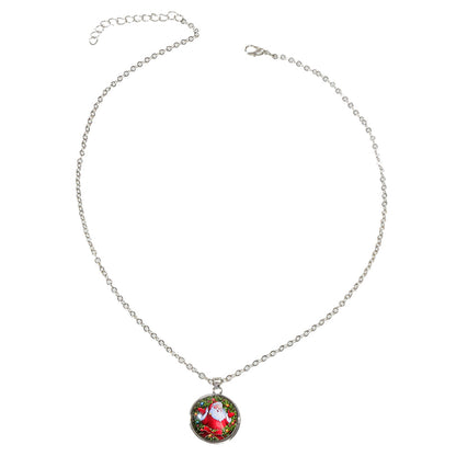 Silver Chain Santa Claus Pattern Round Pendant Necklace Women Girls Party Gift-4