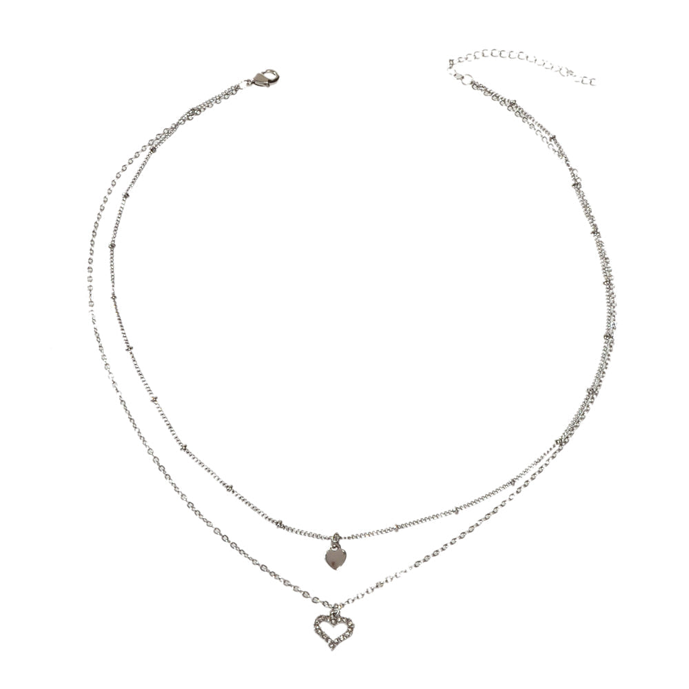 Trendy Jewelry Silver Double layer Chain Rhinestone Heart Pendant Women Necklace-4