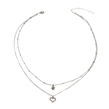 Trendy Jewelry Silver Double layer Chain Rhinestone Heart Pendant Women Necklace-4