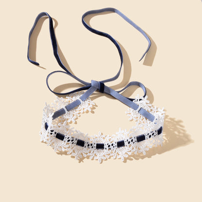 Vintage White Lace Choker Long Grey Velvet Tied Festival Party Choker Necklace-2