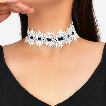Vintage White Lace Choker Long Grey Velvet Tied Festival Party Choker Necklace-0
