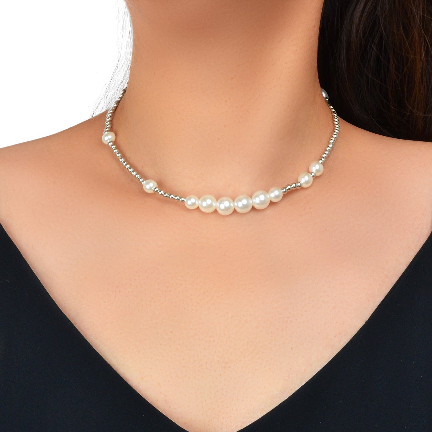 Trendy Jewellery Clavicle Silver Pearl Strand Seed Beads Collar Choker Necklace-0