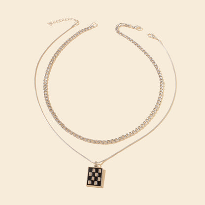 Street Double Layer Silvery Chain Black Silver Checkered Rectangle Geometric Pendant Necklace School Daily Accessory-1