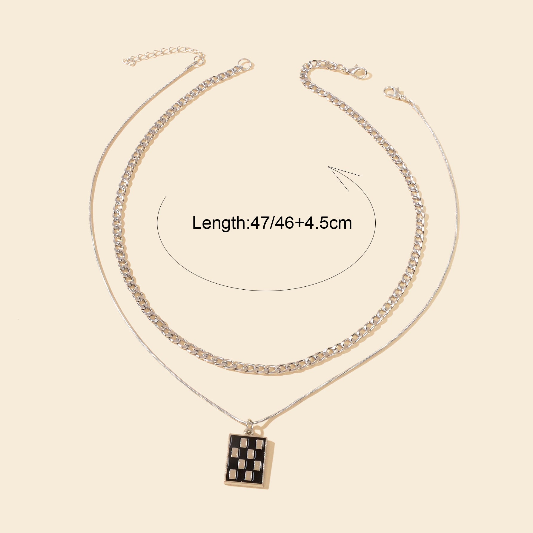 Street Double Layer Silvery Chain Black Silver Checkered Rectangle Geometric Pendant Necklace School Daily Accessory-2