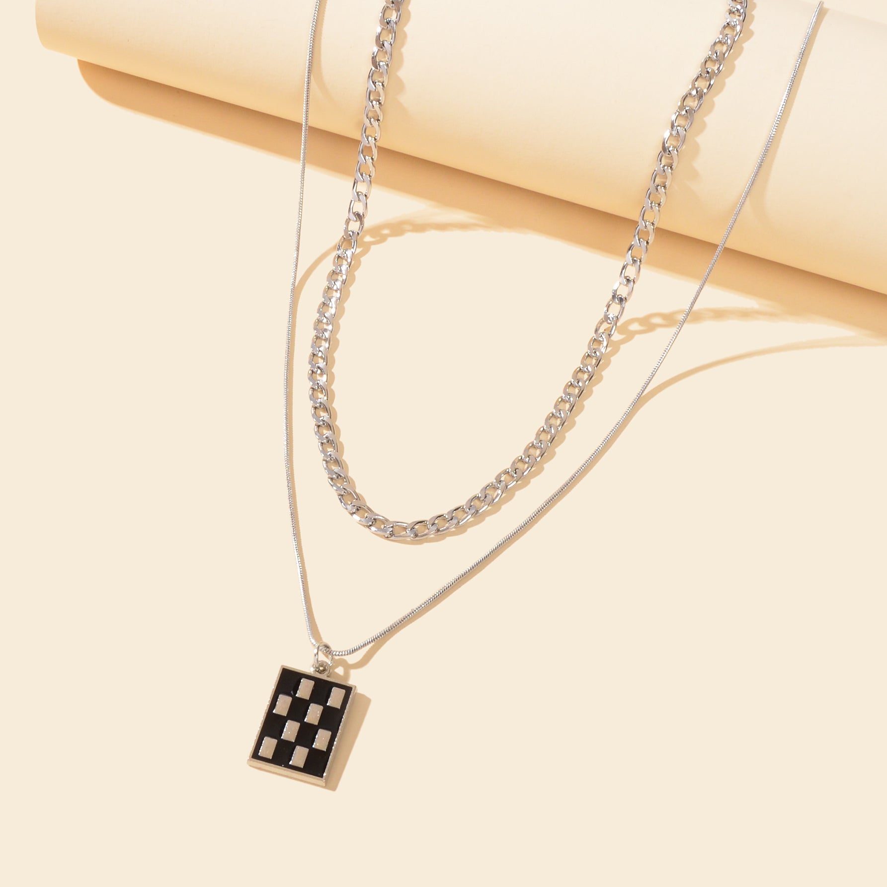 Street Double Layer Silvery Chain Black Silver Checkered Rectangle Geometric Pendant Necklace School Daily Accessory-3
