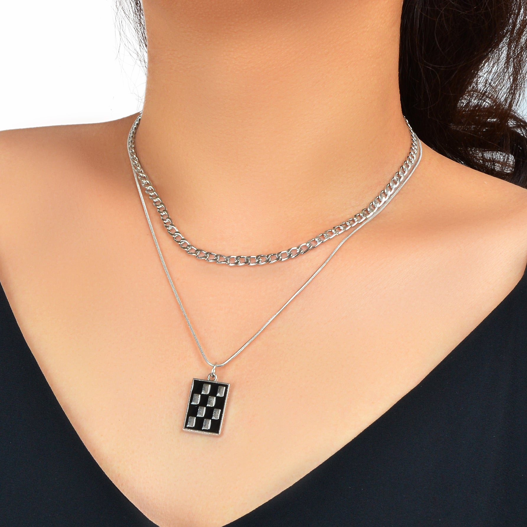 Street Double Layer Silvery Chain Black Silver Checkered Rectangle Geometric Pendant Necklace School Daily Accessory-0