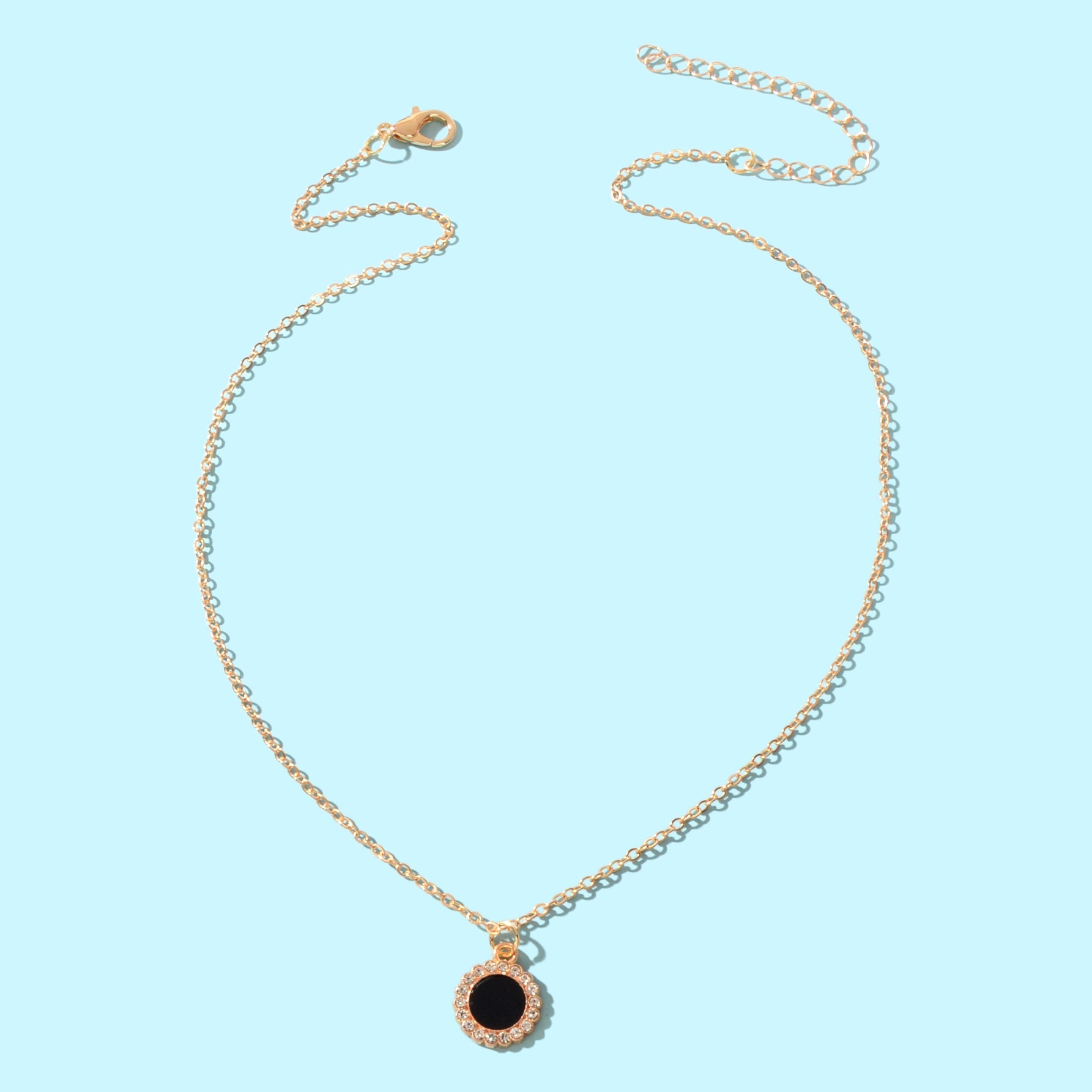 Golden Chain Rhinestone Decor Black Round Pendant Necklace Anniversary Jewelry-1