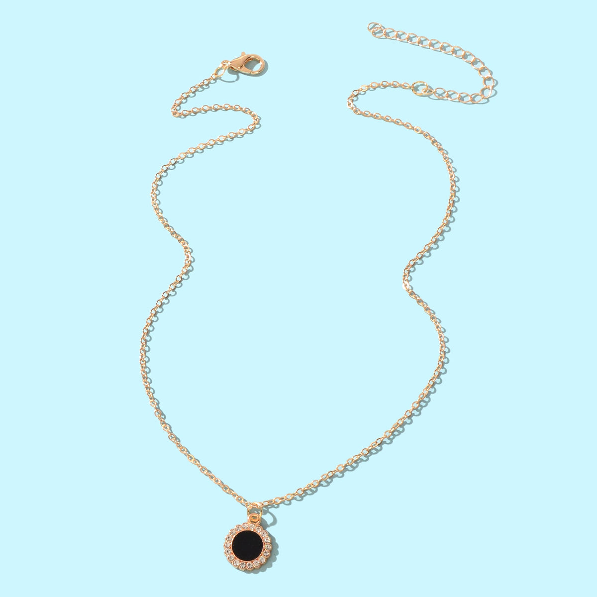 Golden Chain Rhinestone Decor Black Round Pendant Necklace Anniversary Jewelry-3