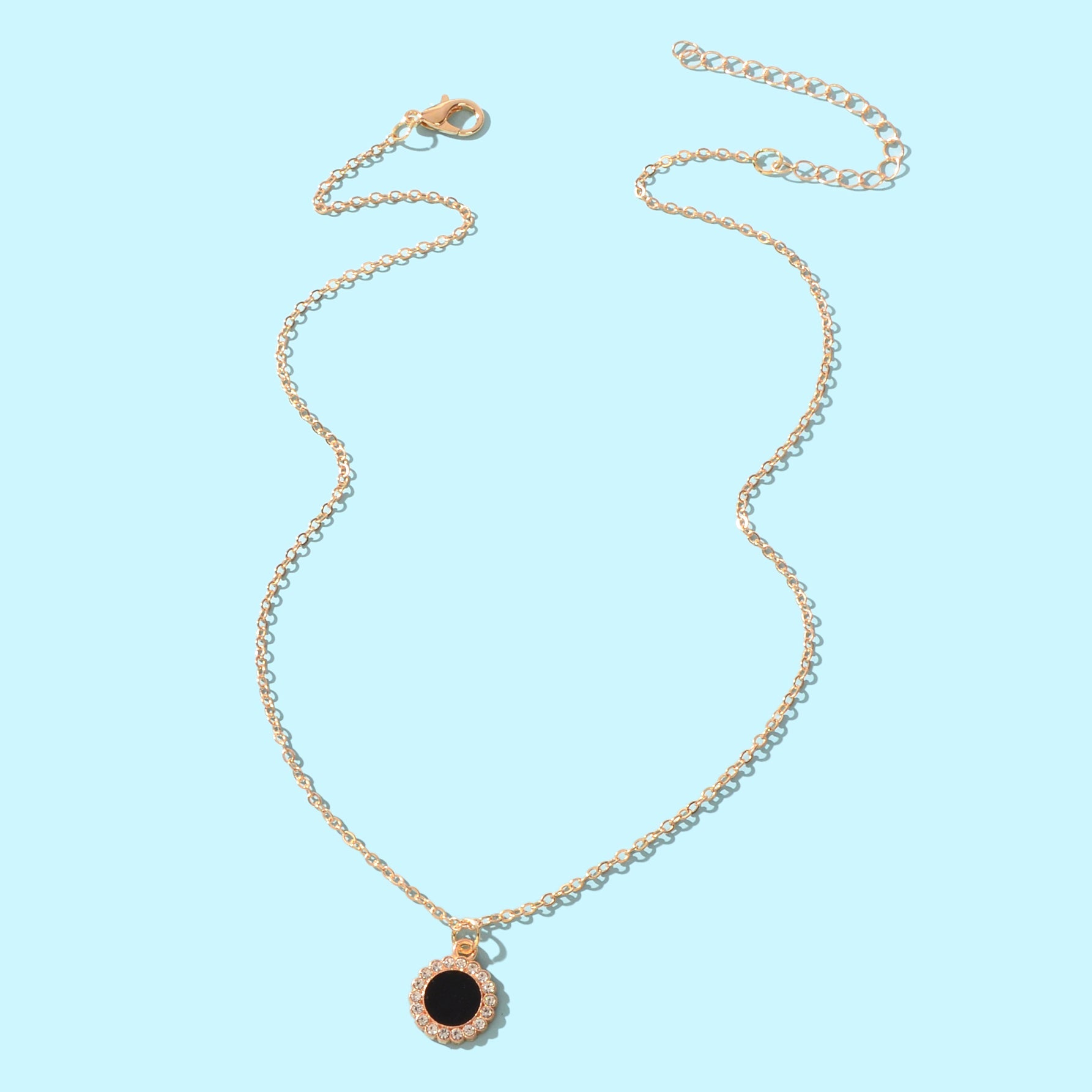 Golden Chain Rhinestone Decor Black Round Pendant Necklace Anniversary Jewelry-3