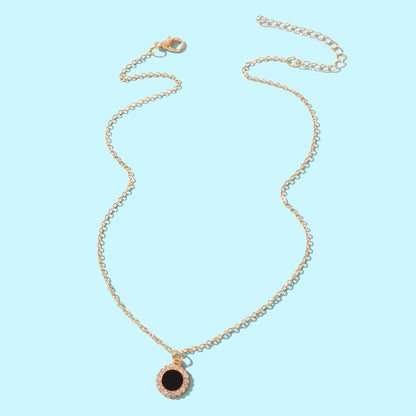 Golden Chain Rhinestone Decor Black Round Pendant Necklace Anniversary Jewelry-3