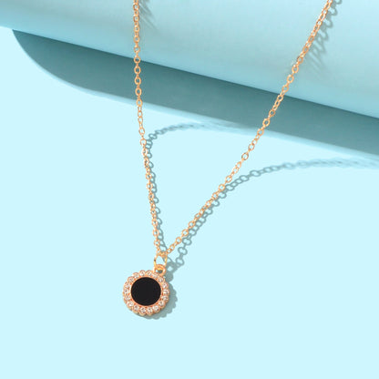 Golden Chain Rhinestone Decor Black Round Pendant Necklace Anniversary Jewelry-4