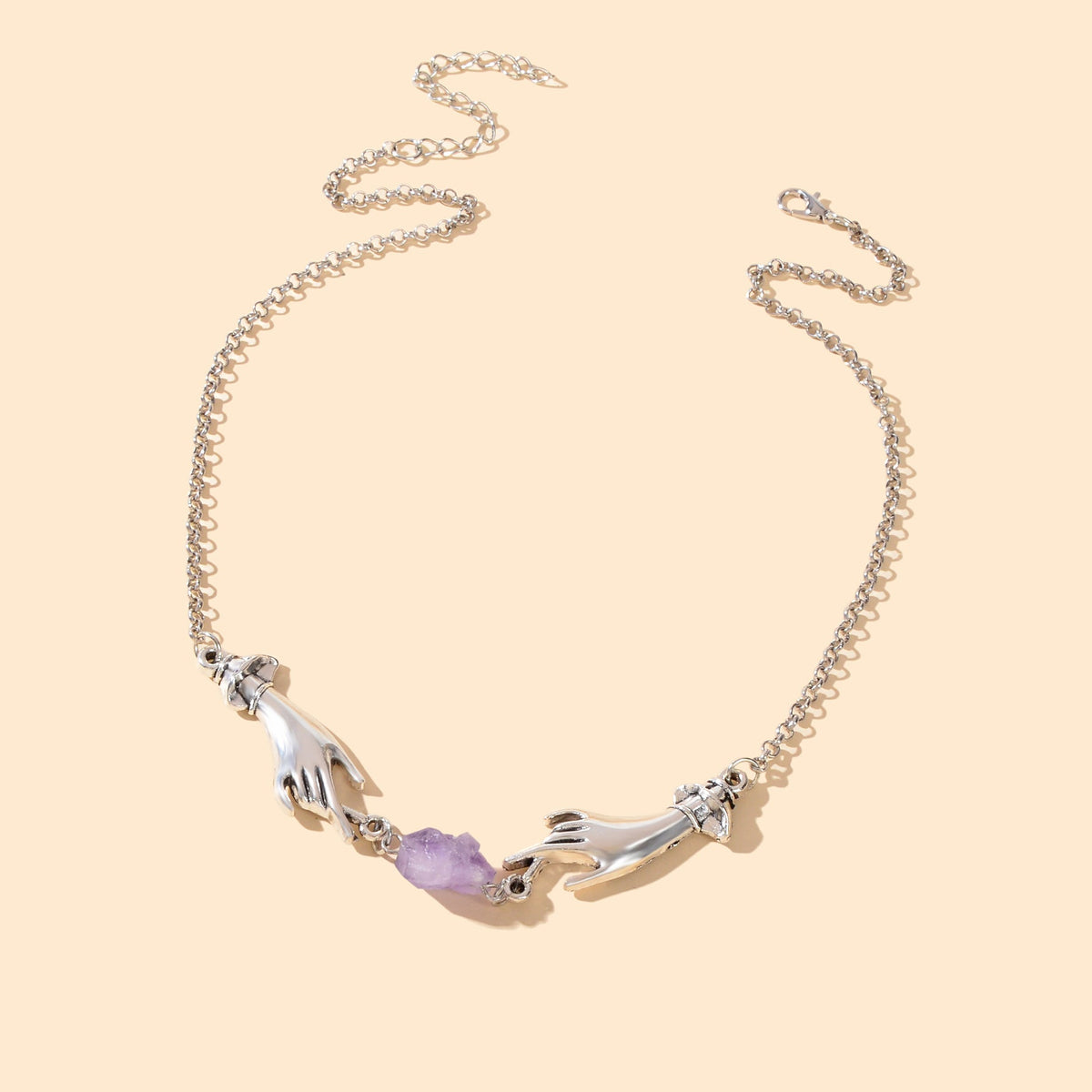 Personality Silvery Chain Witch Hand Purple Stone Pendant Necklace Halloween Costume Party Cosplay Jewelry-1