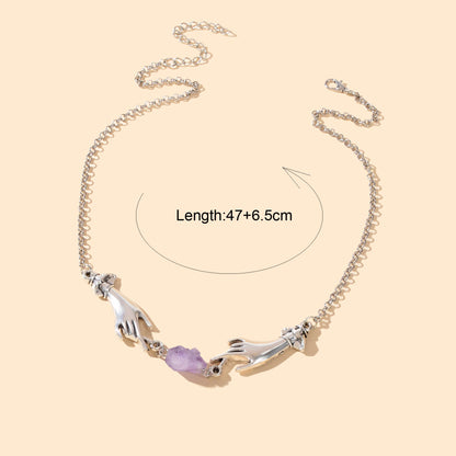Personality Silvery Chain Witch Hand Purple Stone Pendant Necklace Halloween Costume Party Cosplay Jewelry-2