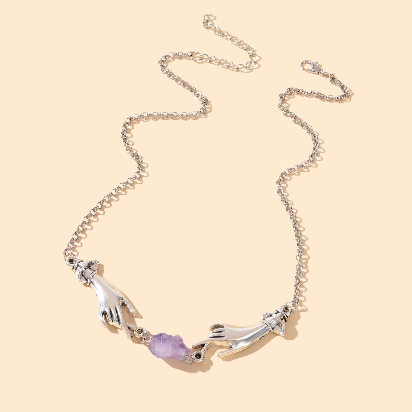 Personality Silvery Chain Witch Hand Purple Stone Pendant Necklace Halloween Costume Party Cosplay Jewelry-3