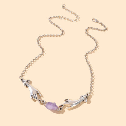 Personality Silvery Chain Witch Hand Purple Stone Pendant Necklace Halloween Costume Party Cosplay Jewelry-3