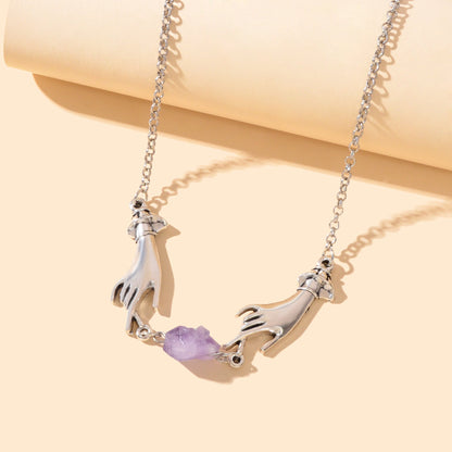 Personality Silvery Chain Witch Hand Purple Stone Pendant Necklace Halloween Costume Party Cosplay Jewelry-4