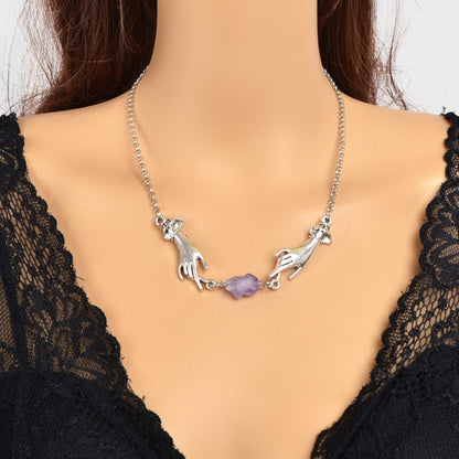 Personality Silvery Chain Witch Hand Purple Stone Pendant Necklace Halloween Costume Party Cosplay Jewelry-0
