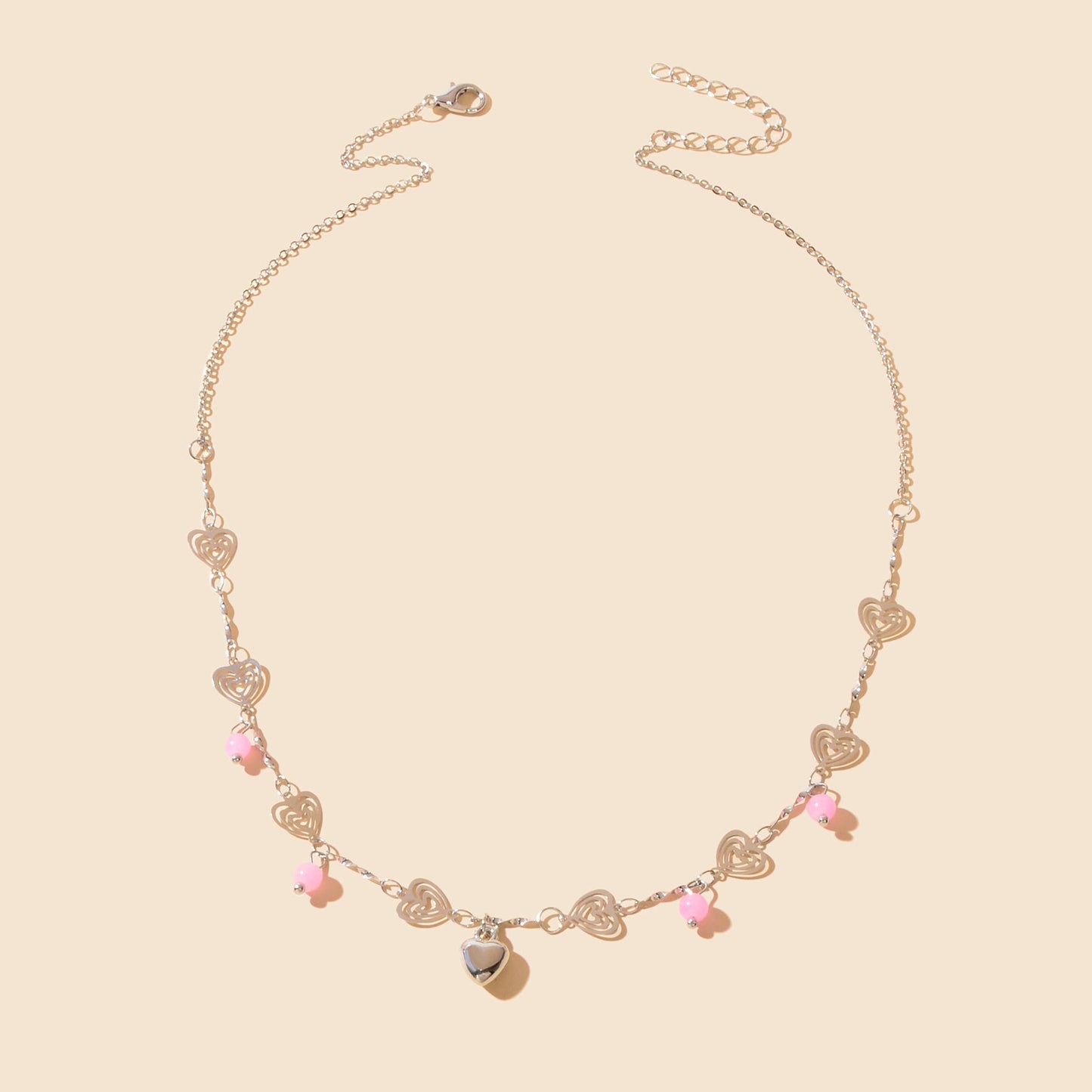 Gift Jewelry Pink Beads Decor Silvery Chain Heart Pendant Necklace Fashion Accessories-1