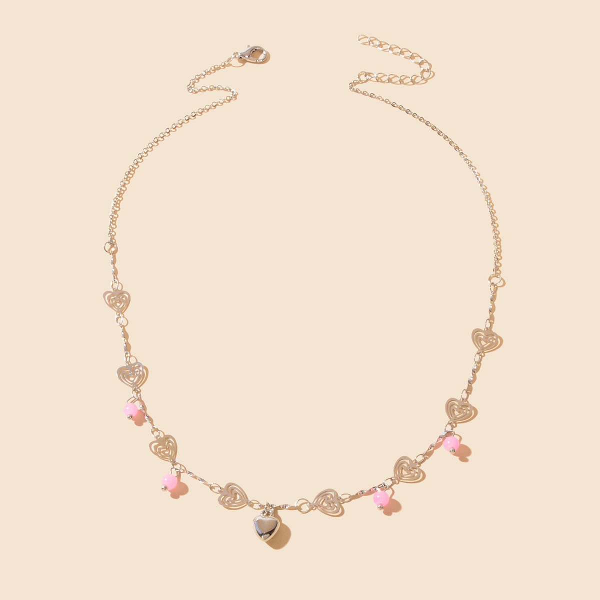 Gift Jewelry Pink Beads Decor Silvery Chain Heart Pendant Necklace Fashion Accessories-1