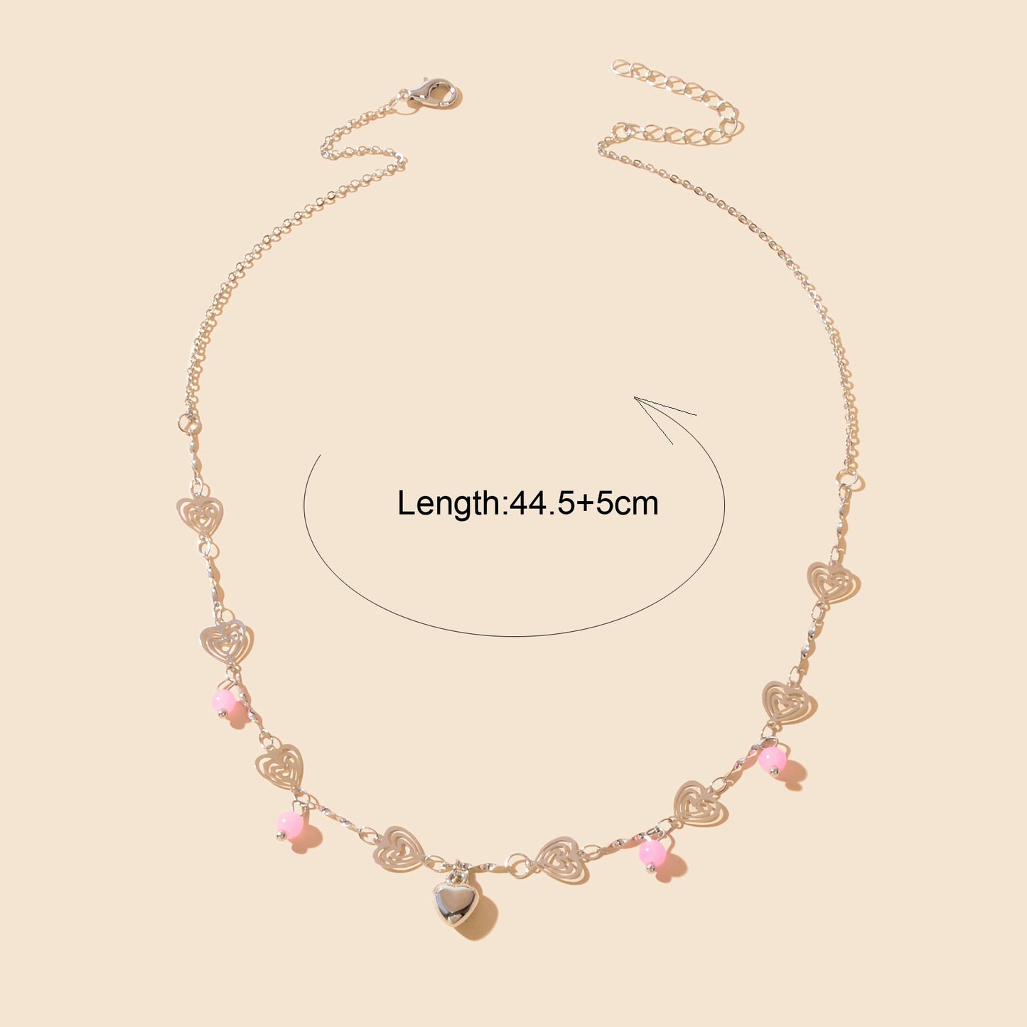 Gift Jewelry Pink Beads Decor Silvery Chain Heart Pendant Necklace Fashion Accessories-2