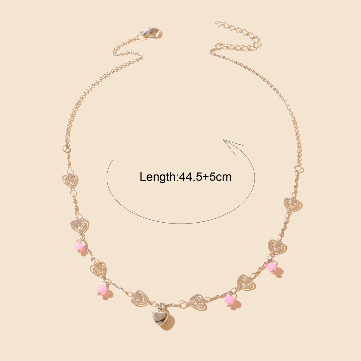 Gift Jewelry Pink Beads Decor Silvery Chain Heart Pendant Necklace Fashion Accessories-2