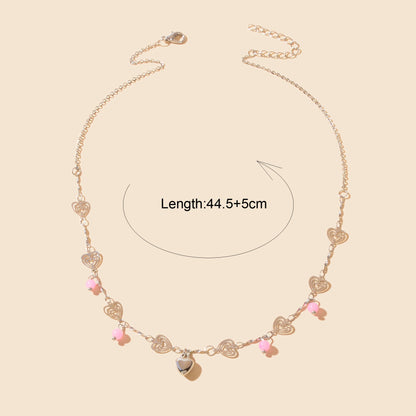 Gift Jewelry Pink Beads Decor Silvery Chain Heart Pendant Necklace Fashion Accessories-2