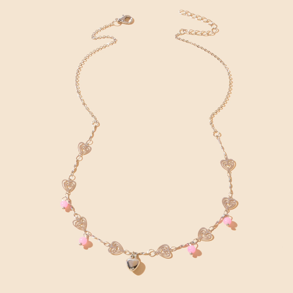 Gift Jewelry Pink Beads Decor Silvery Chain Heart Pendant Necklace Fashion Accessories-3