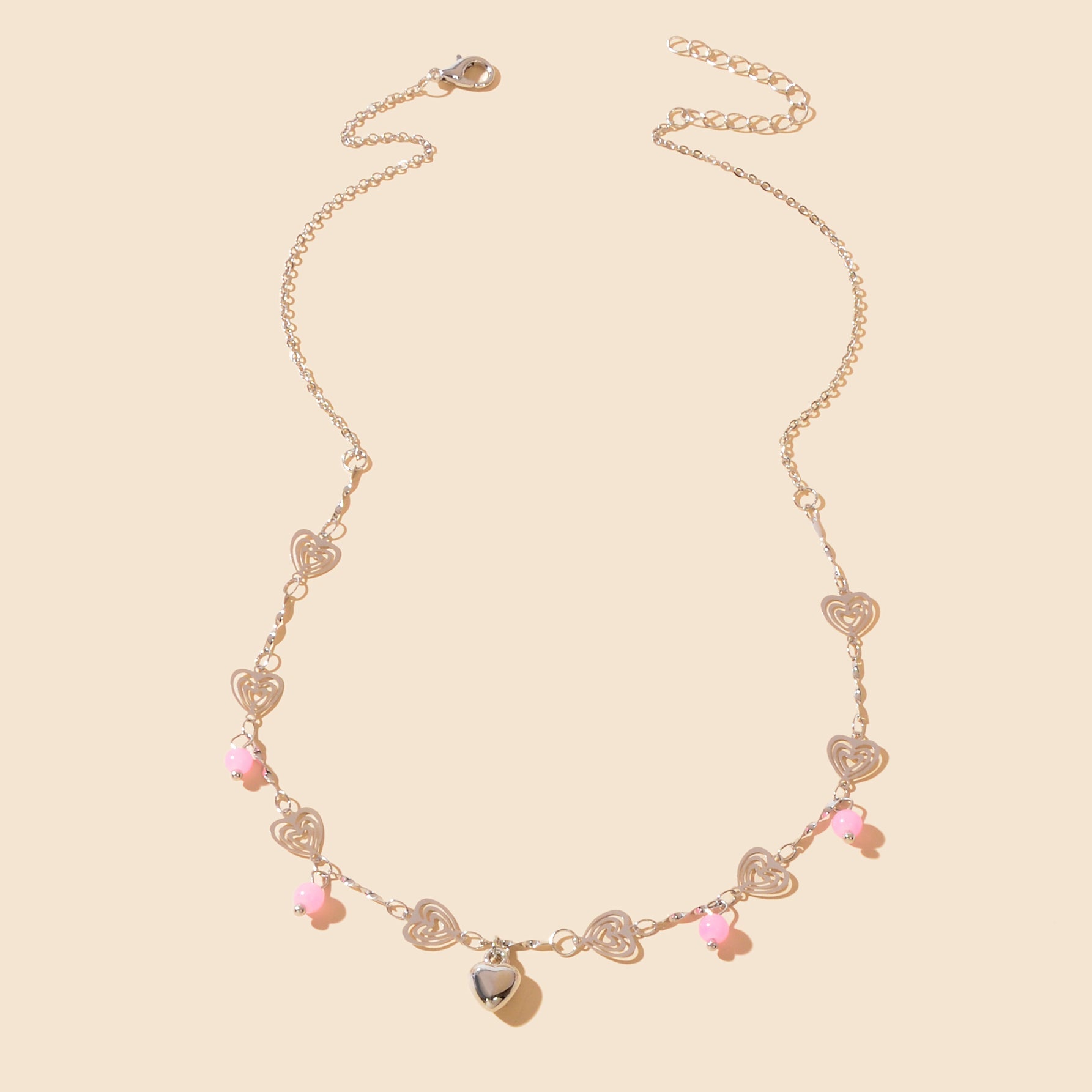 Gift Jewelry Pink Beads Decor Silvery Chain Heart Pendant Necklace Fashion Accessories-3