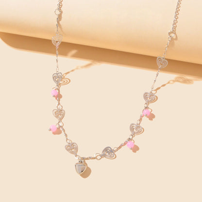 Gift Jewelry Pink Beads Decor Silvery Chain Heart Pendant Necklace Fashion Accessories-4
