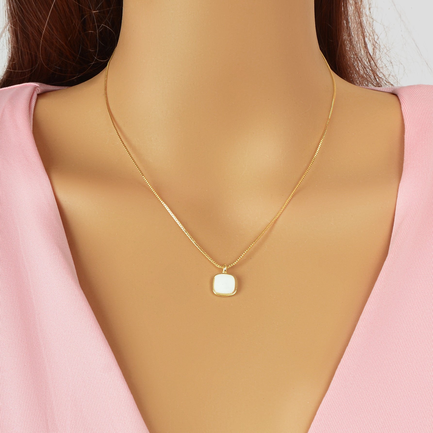 Stylish Jewelry Golden Chain White Square Pendant Necklace for Women Fashion Accessories-0
