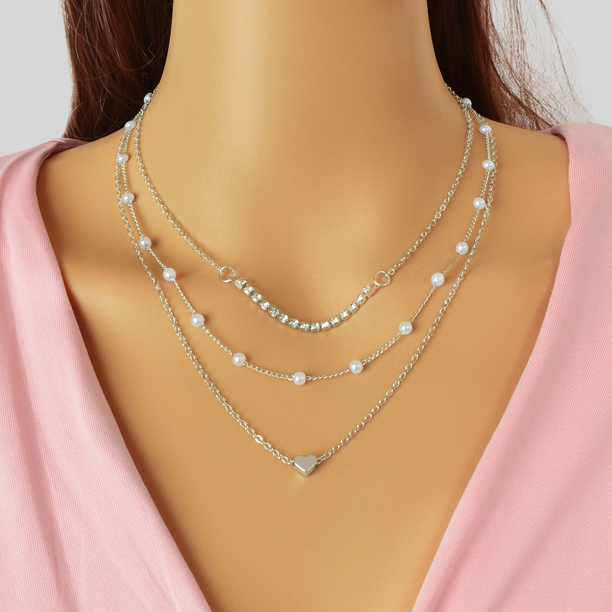 Imitation Pearl Rhinestone Decor Silvery Layered Chain Collar Necklace Party Prom Jewelry-0